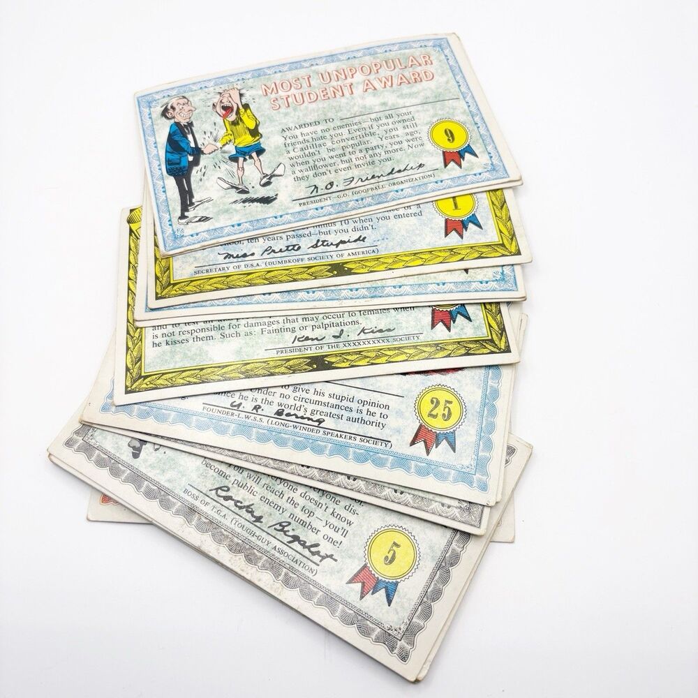 Vintage 1964 Topps Nutty Awards Cards Lot Of 16 Gag Gift Novelty Ephemera